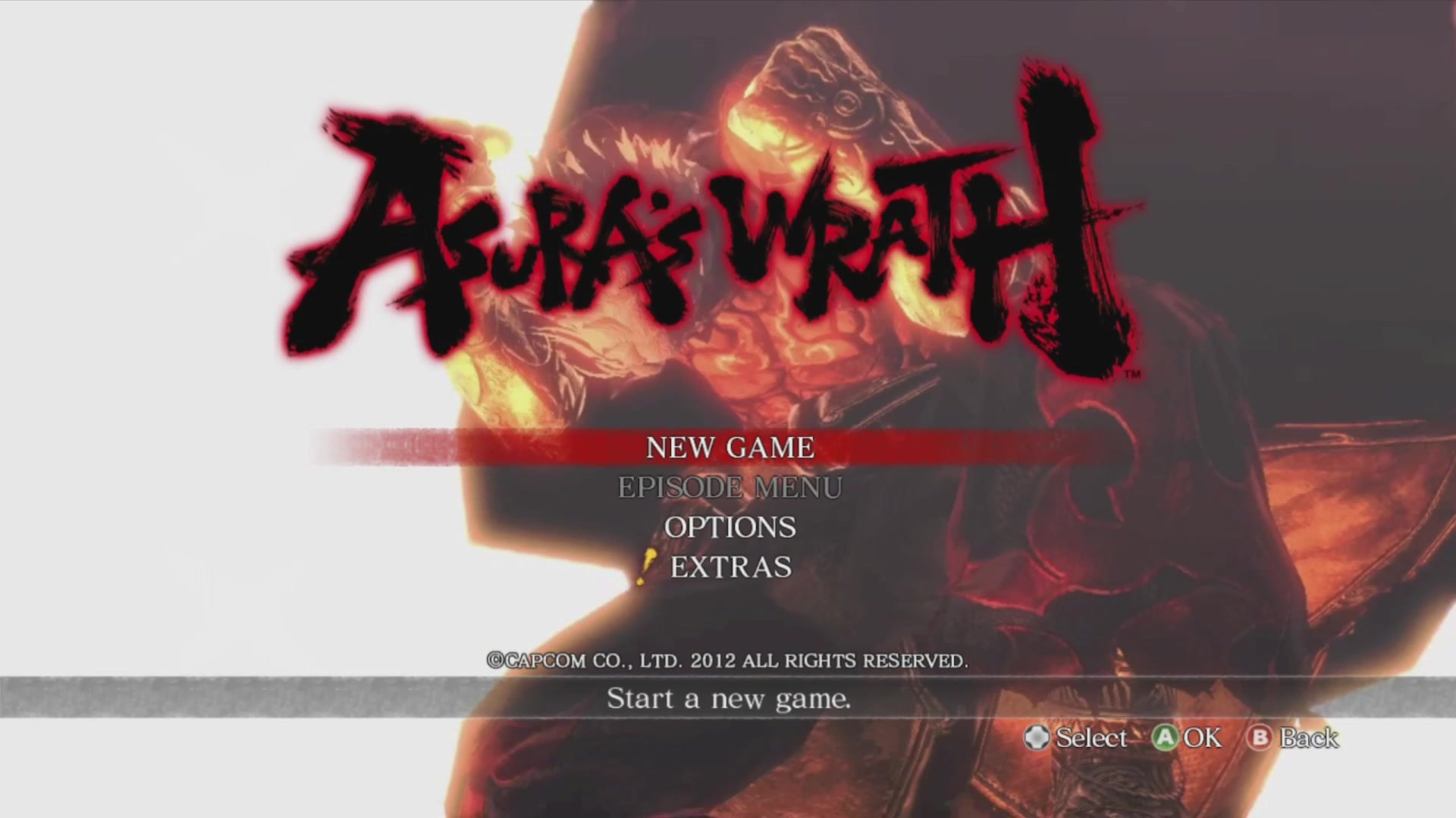 Asura's Wrath title screen for Xbox 360